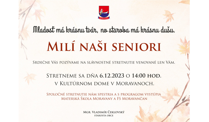 Slávnostne stretnutie seniorov dňa 06.12.2023 o 14:00 hod.